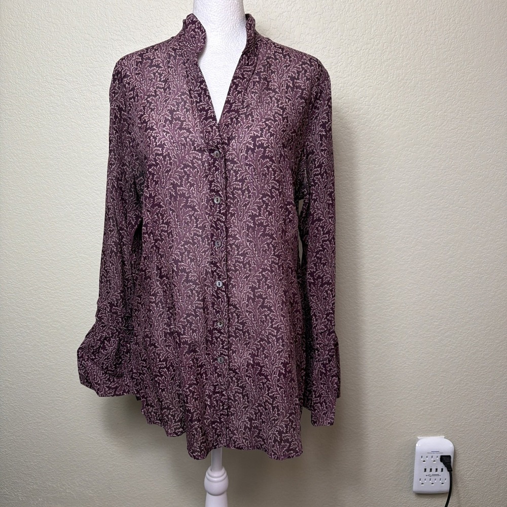 Soft Surroundings Silk Top Womens Medium Plum Botanical Chiffon Shirt Read Note